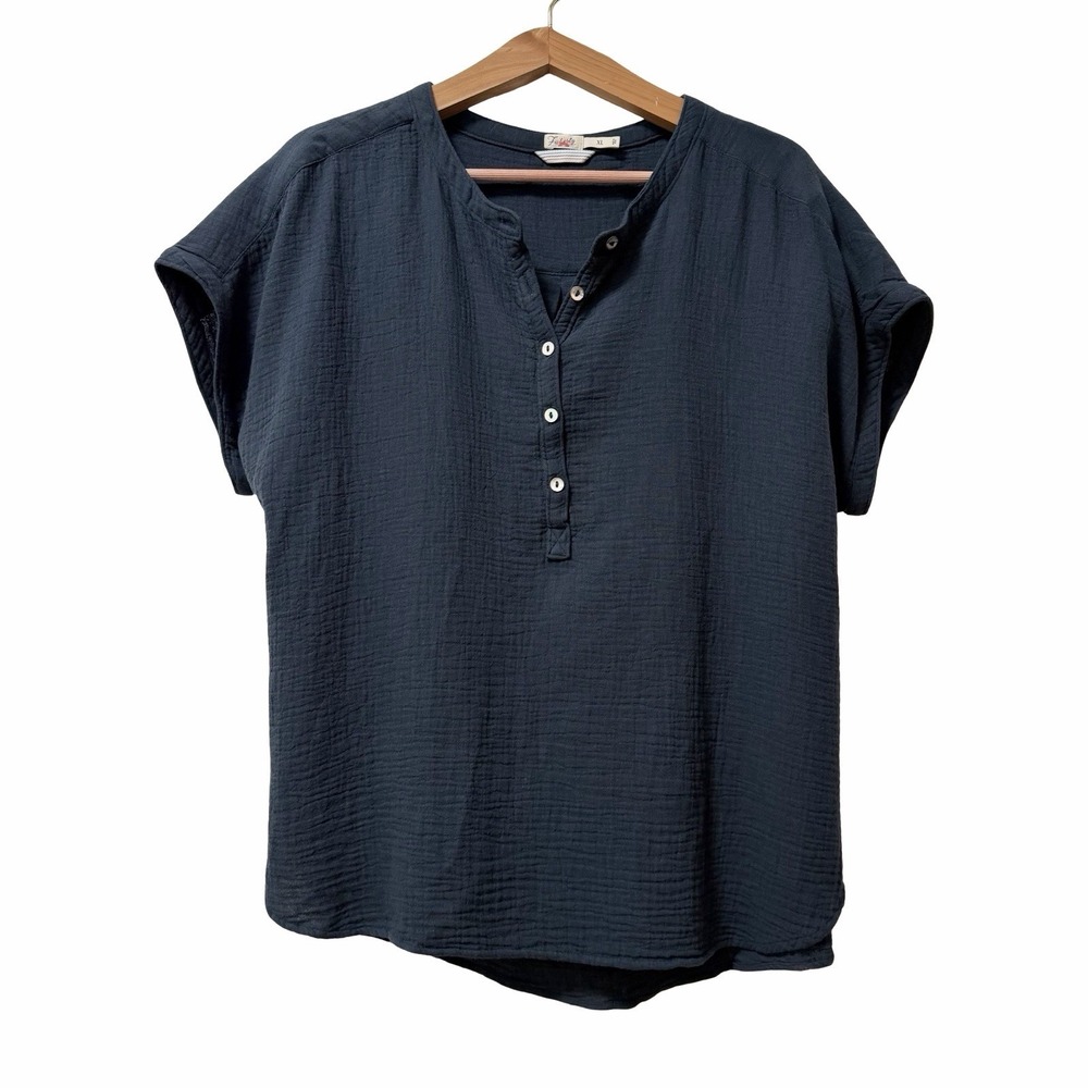 Faherty Women Desmond Gauze Organic Cotton Henley Top Size XL Blue Coastal Beach